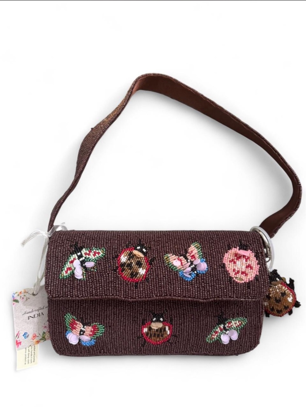 Made in a India Brown beaded purse with ladybug and butterfly design